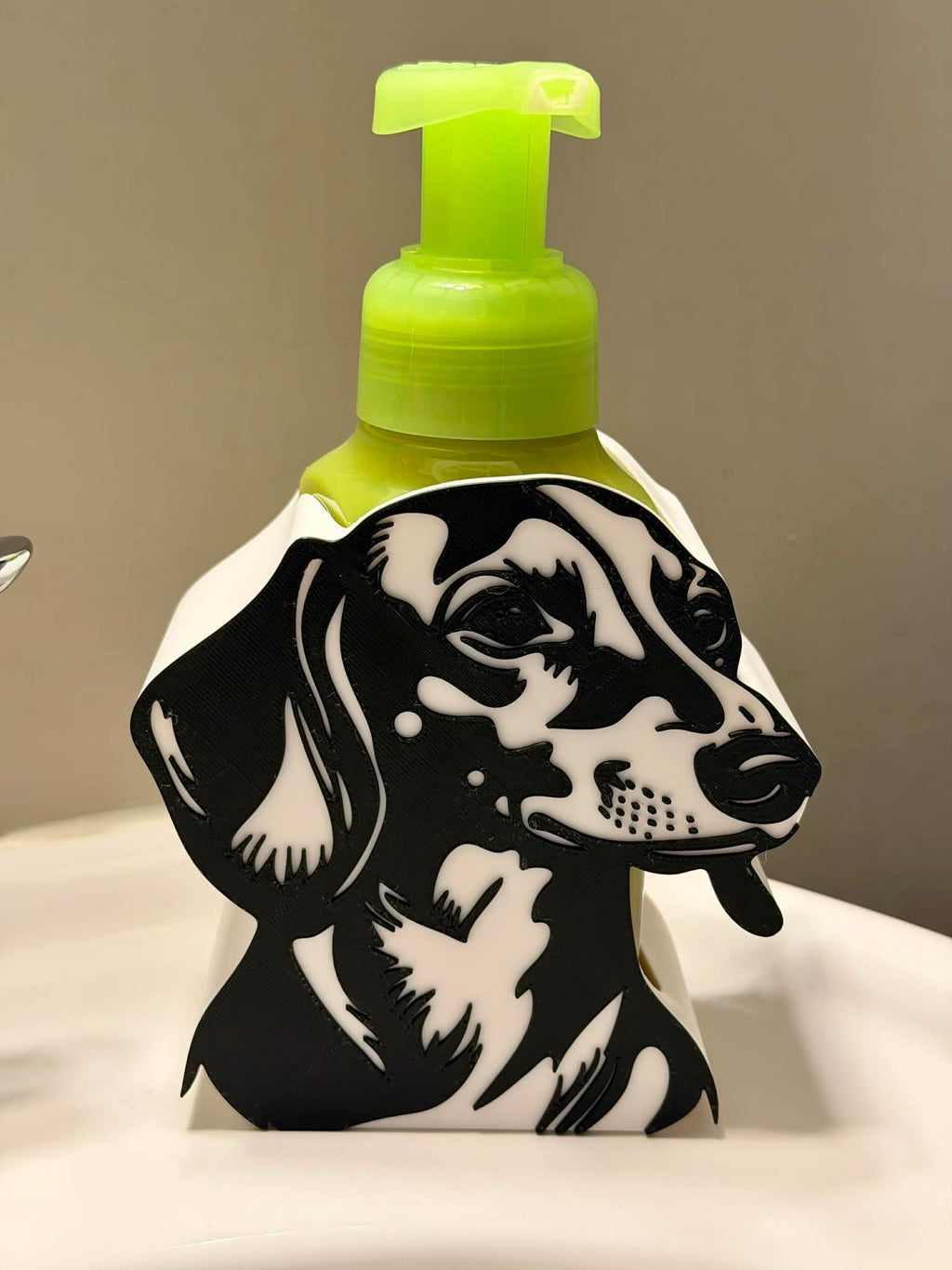 Dachshund soap dispenser holder front view showing portrait detail