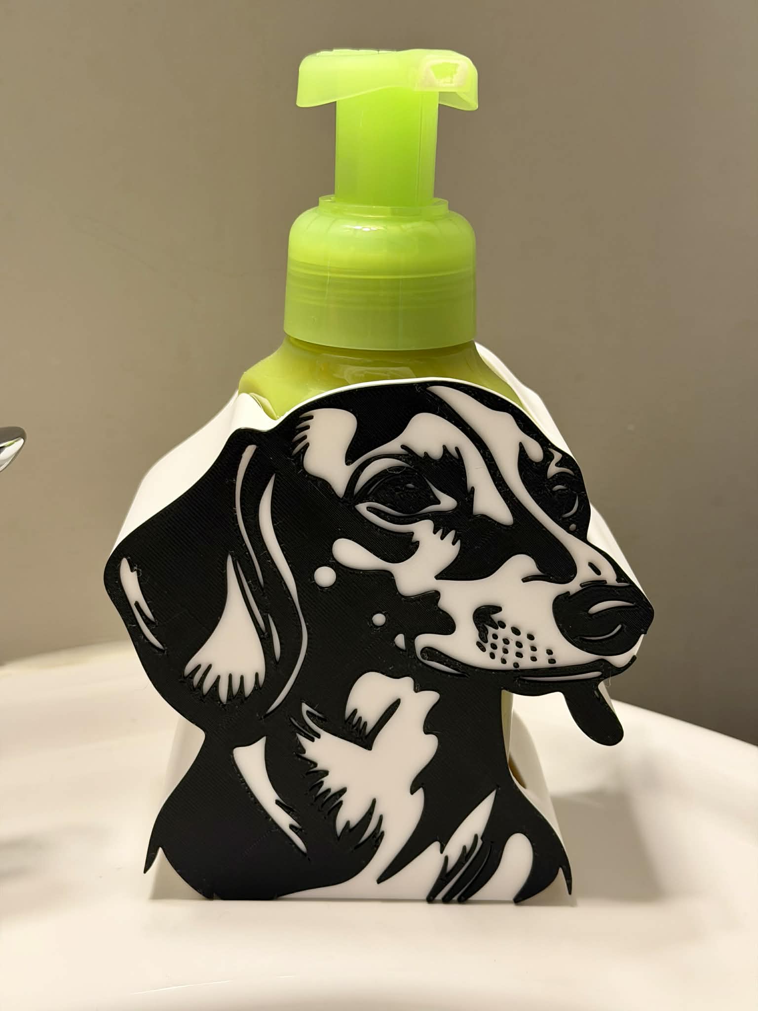 Dachshund soap dispenser holder front view showing portrait detail