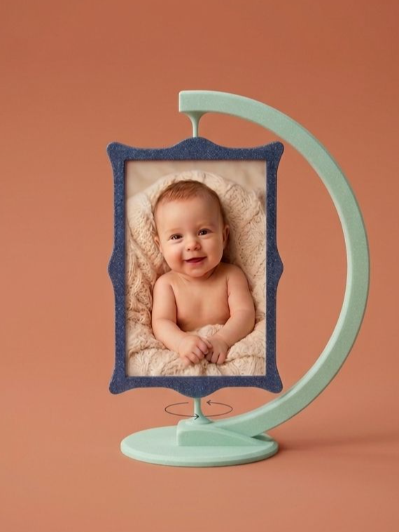 Spinning photo frame stand with baby photo on terracotta background