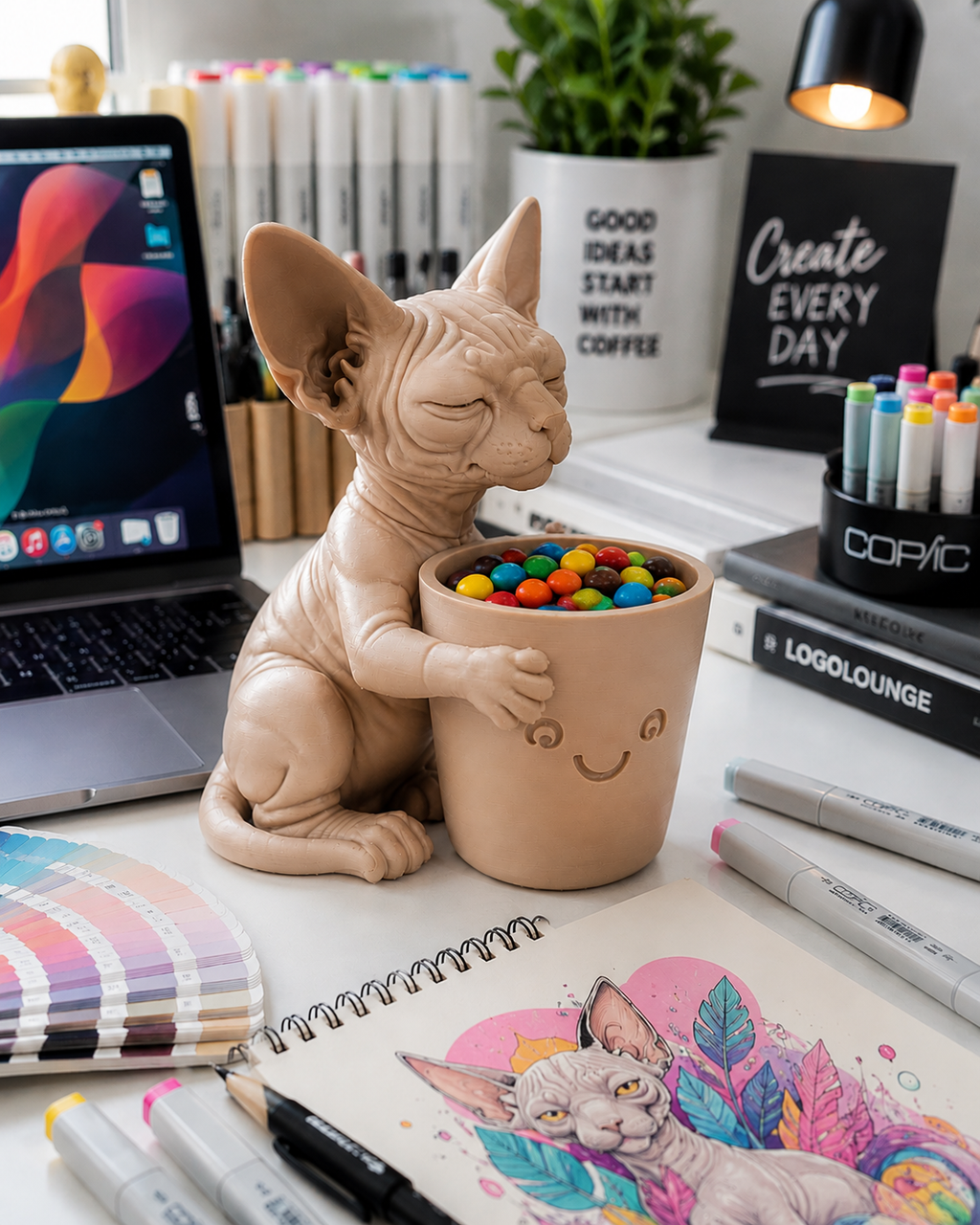 Sphynx cat planter holding colorful candy on a creative desk