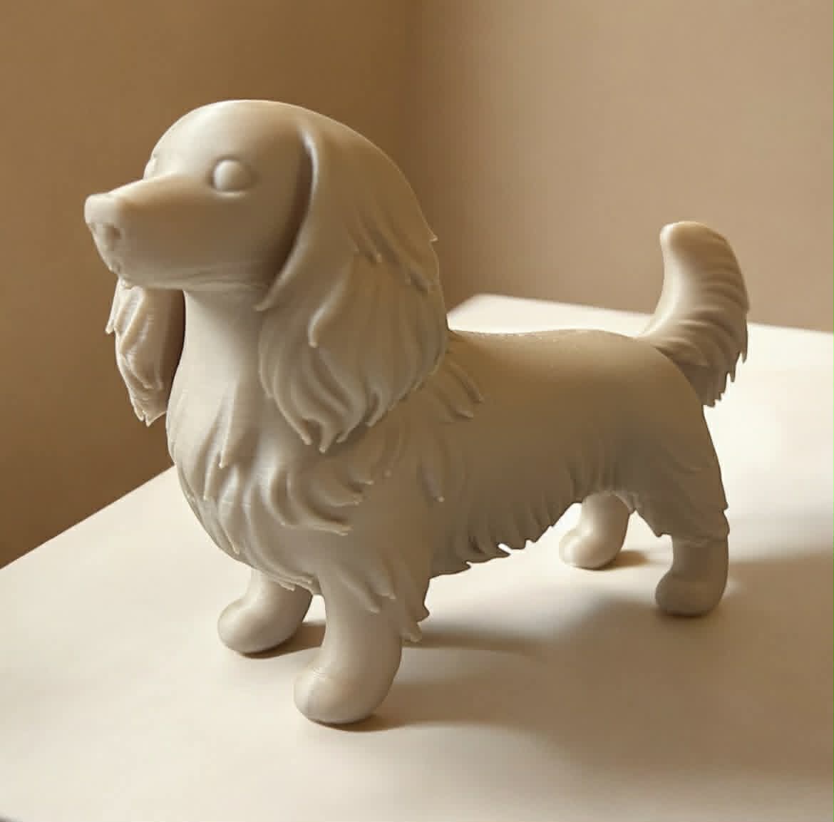 Long-haired dachshund figurine full body side view in cream finish