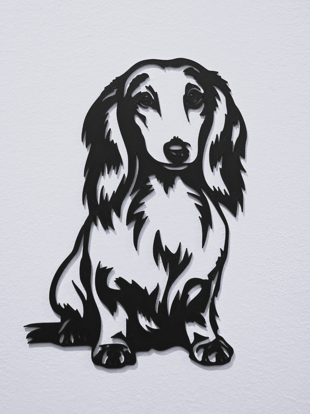 Long-haired dachshund wall art second angle on white wall