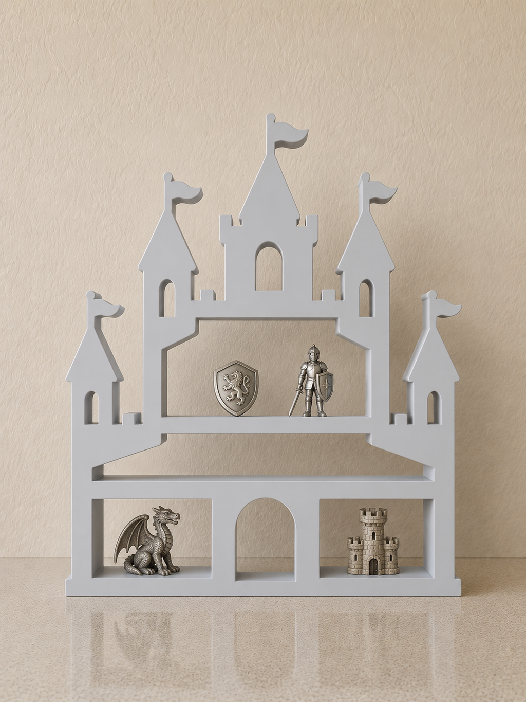 Grey knight castle display shelf with dragon and knight figurines