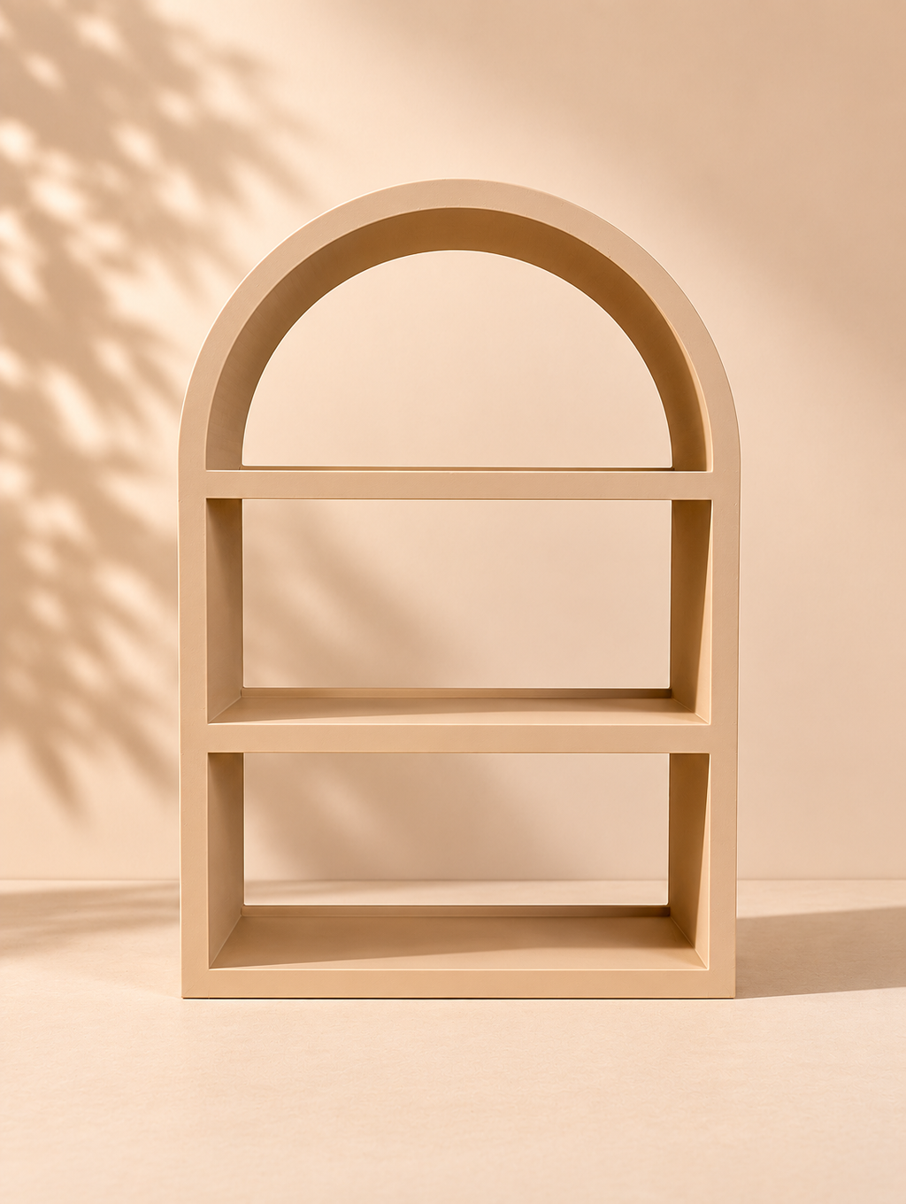 Arched 3-tier display shelf in warm beige front view