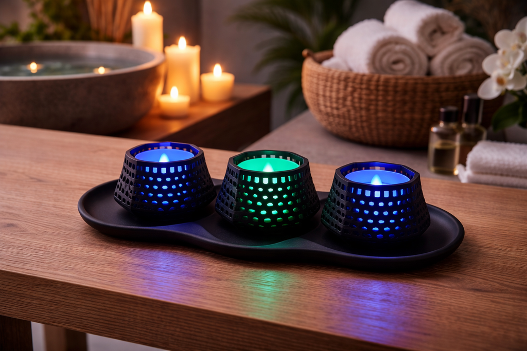 Three lattice tealight holders glowing in blue and green in a spa bathroom setting