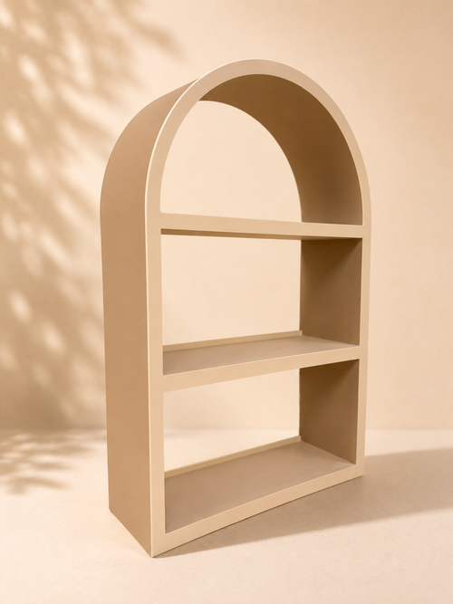 Arched 3-tier display shelf in warm beige angled side view