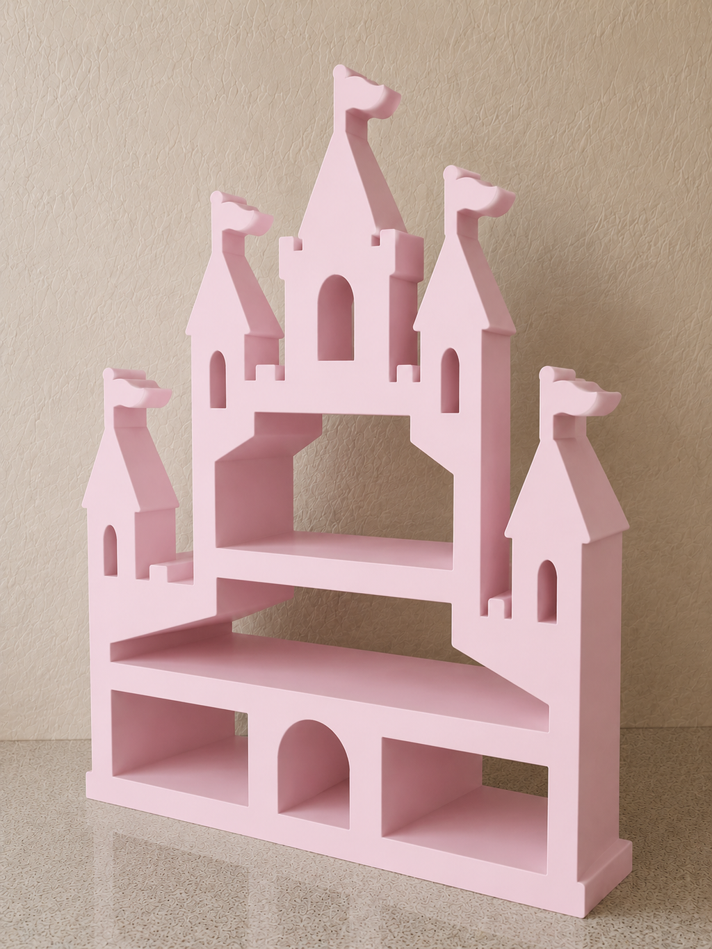 Pink princess castle display shelf 3D view showing tiered shelving
