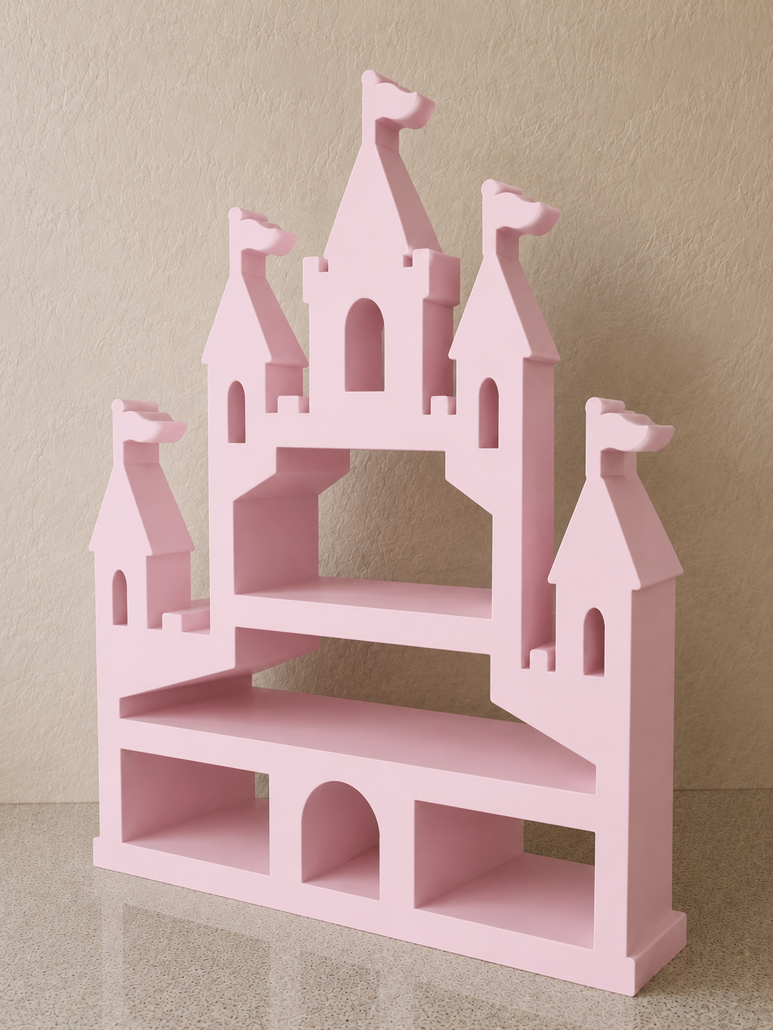 Pink princess castle display shelf 3D view showing tiered shelving
