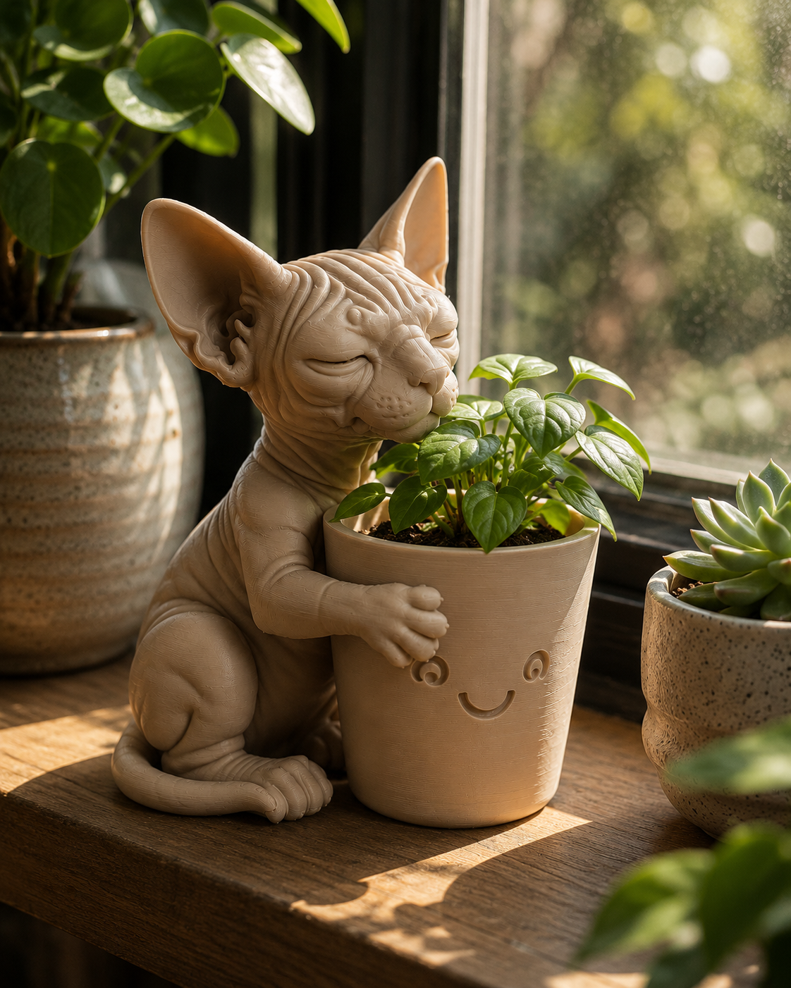Sphynx cat planter with a green herb plant on a sunny windowsill