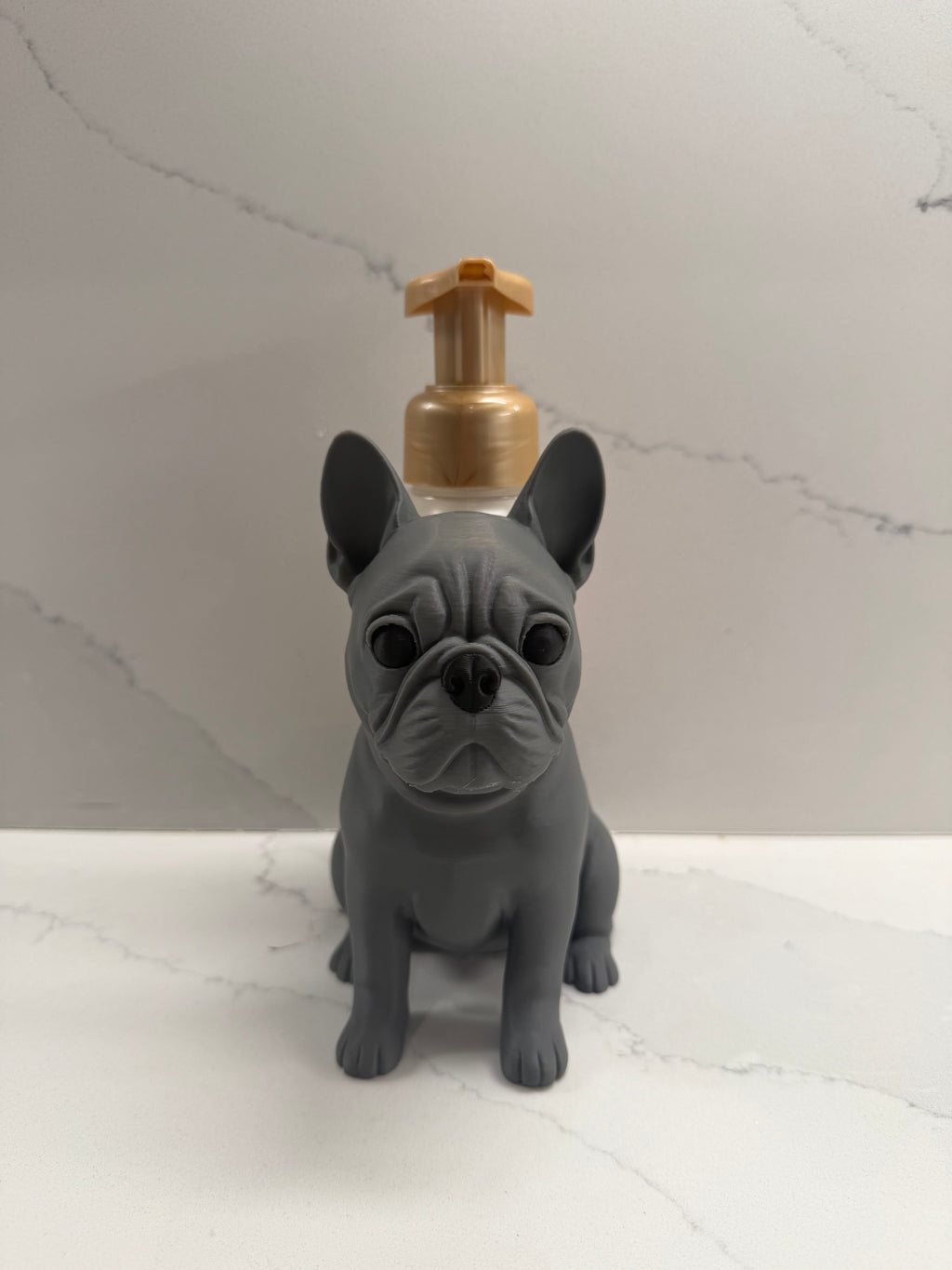 French bulldog soap dispenser holder front view close up face detail