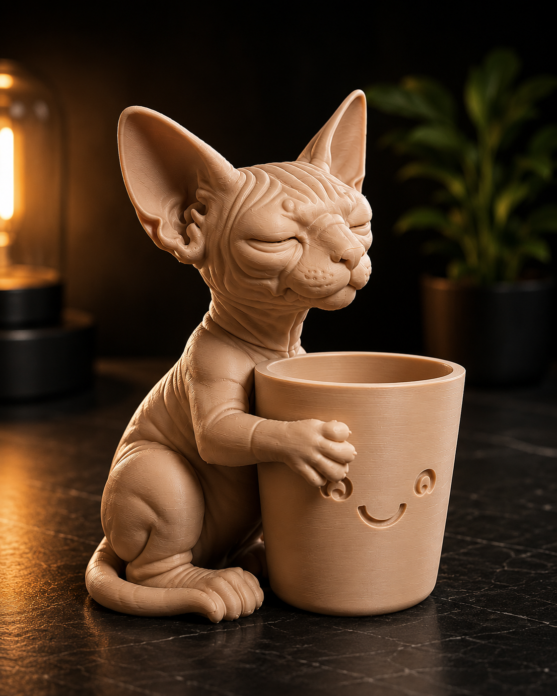 Sphynx cat planter empty on a dark surface with warm lighting