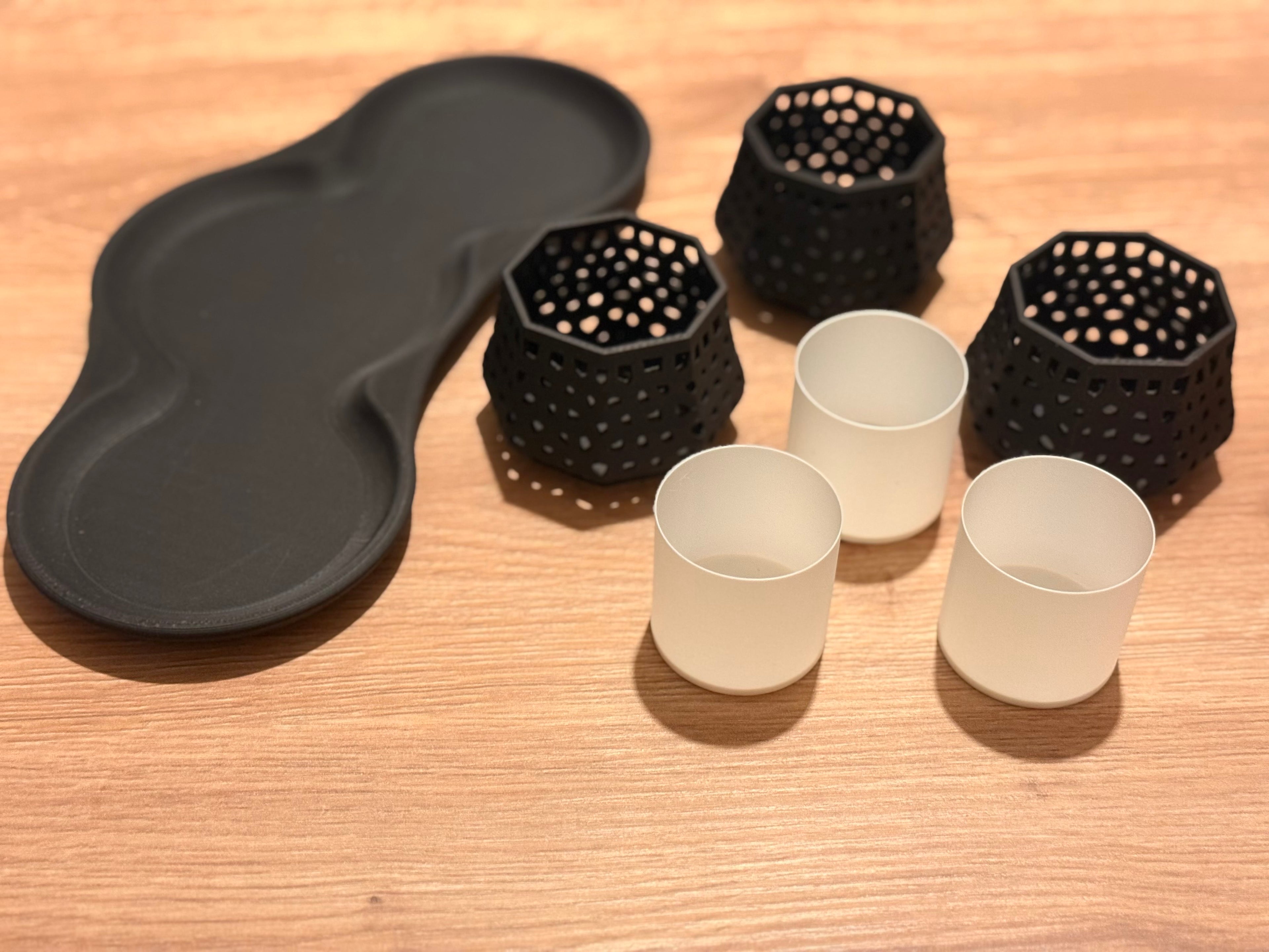 3D printed lattice tealight holders and tray unlit showing product detail and tealight candles
