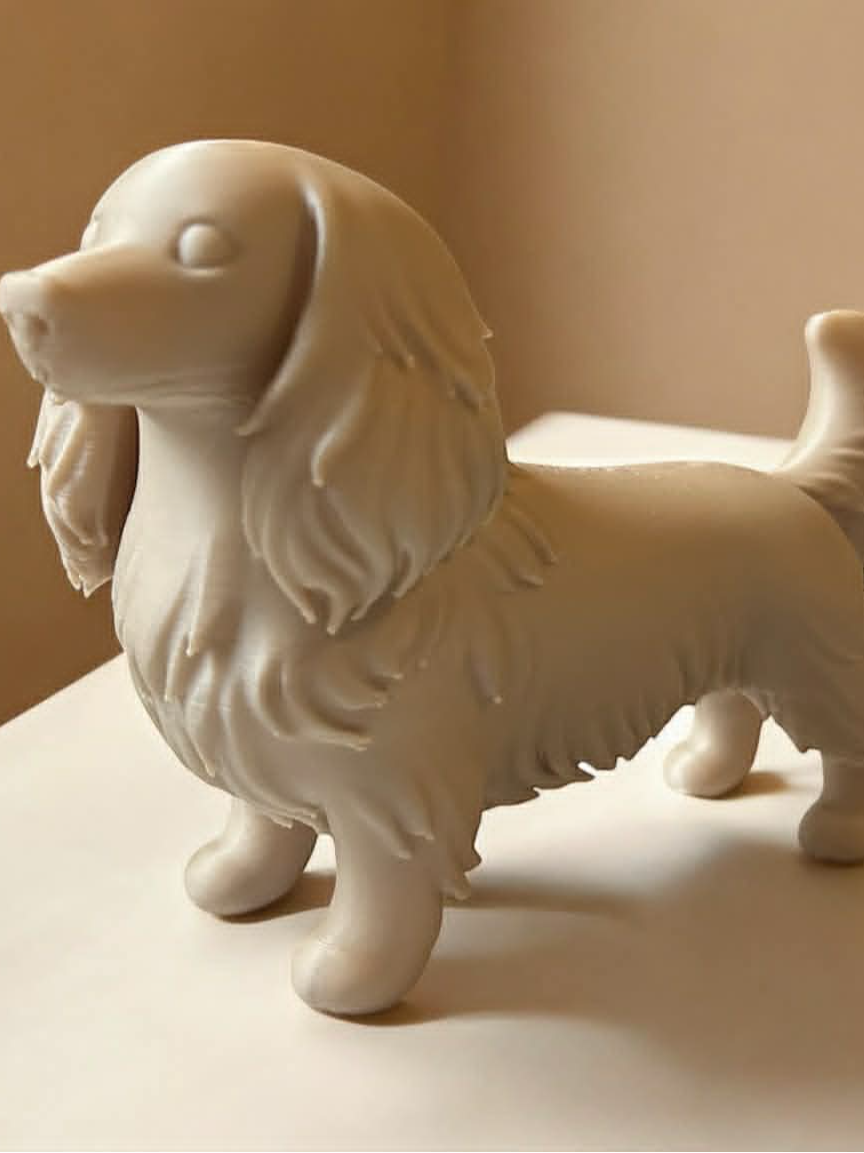 Long-haired dachshund figurine close-up showing flowing fur detail