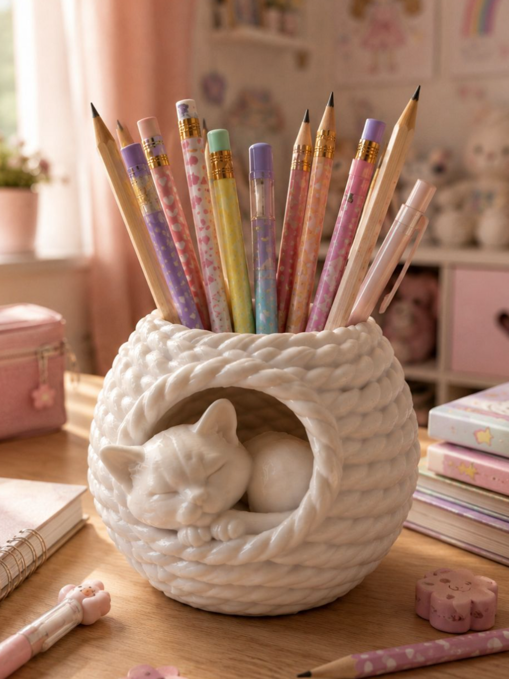 Sleeping Cat Yarn Ball Pencil Holder | 3D Printed Desk Organizer