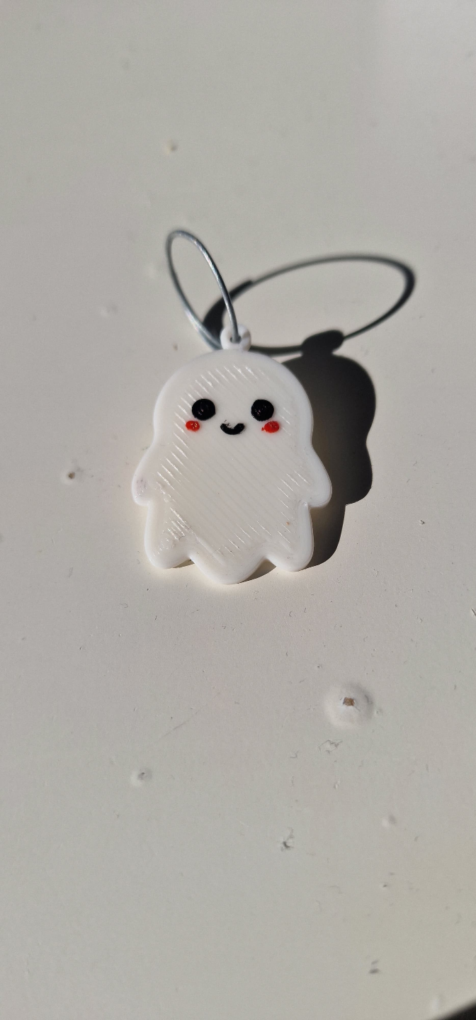 White 3D printed ghost keychain with black eyes and red blush cheeks on white surface