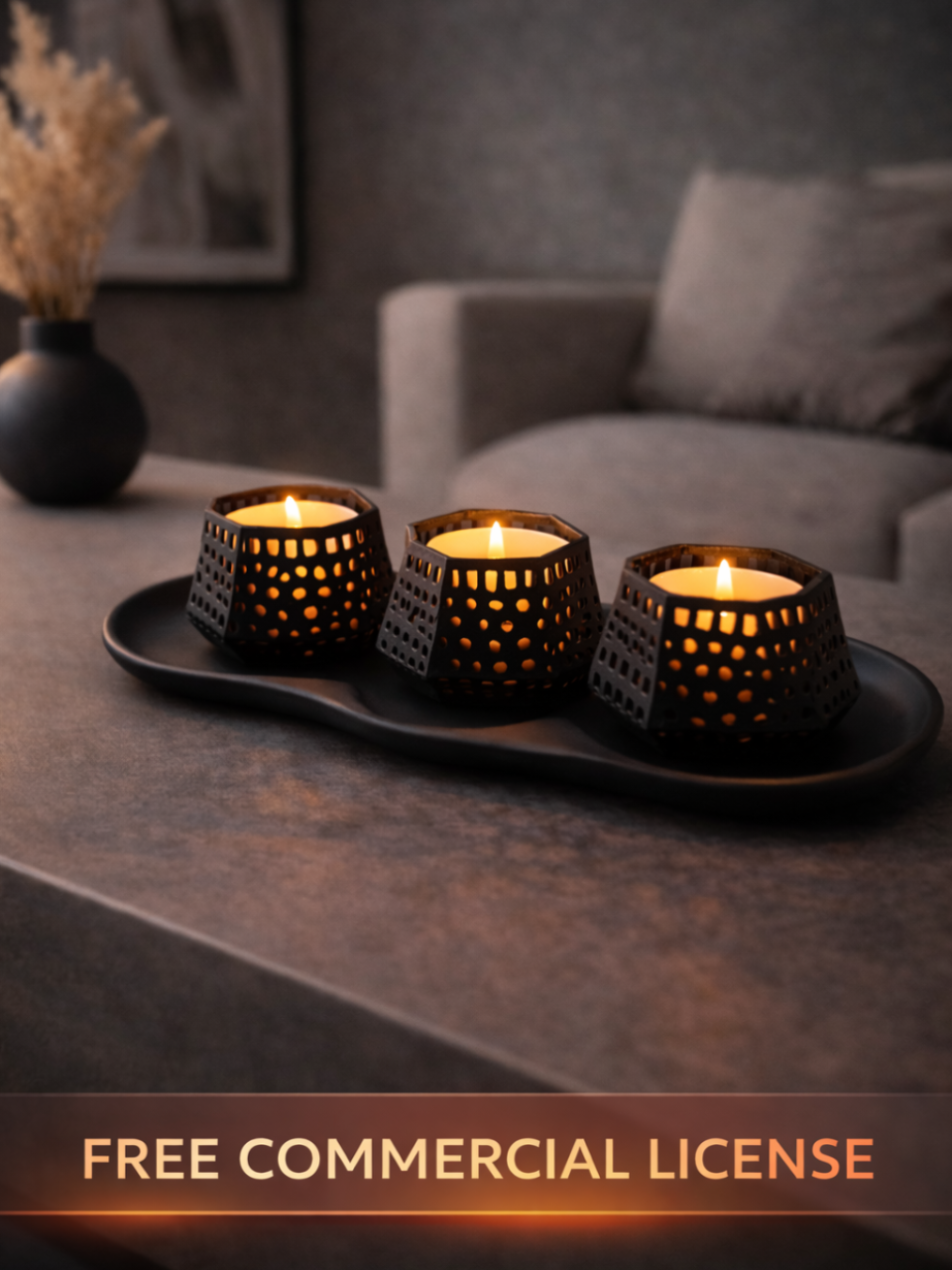 Three lattice tealight holders on organic tray glowing warmly on a coffee table
