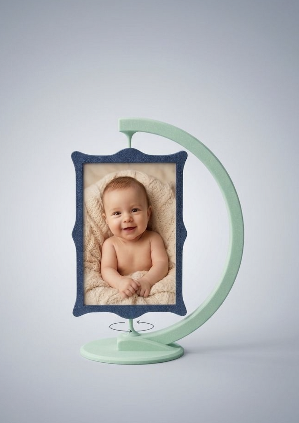 Spinning photo frame stand with baby photo on light background