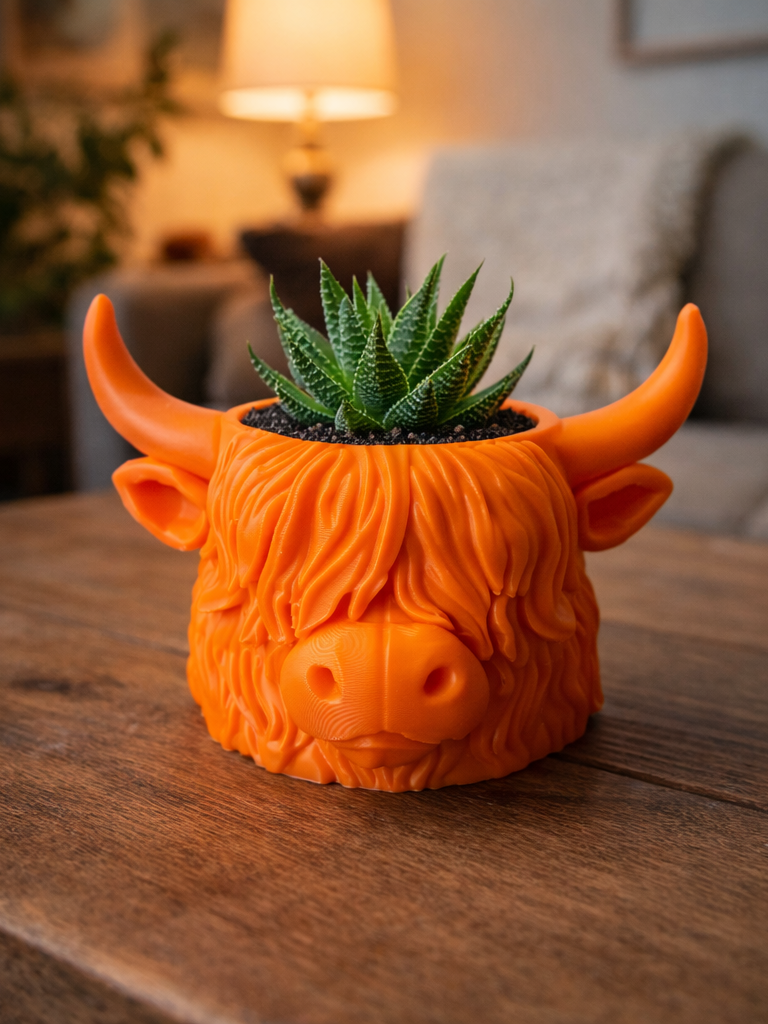 Orange 3D printed Highland cow planter with a succulent on a wooden table
