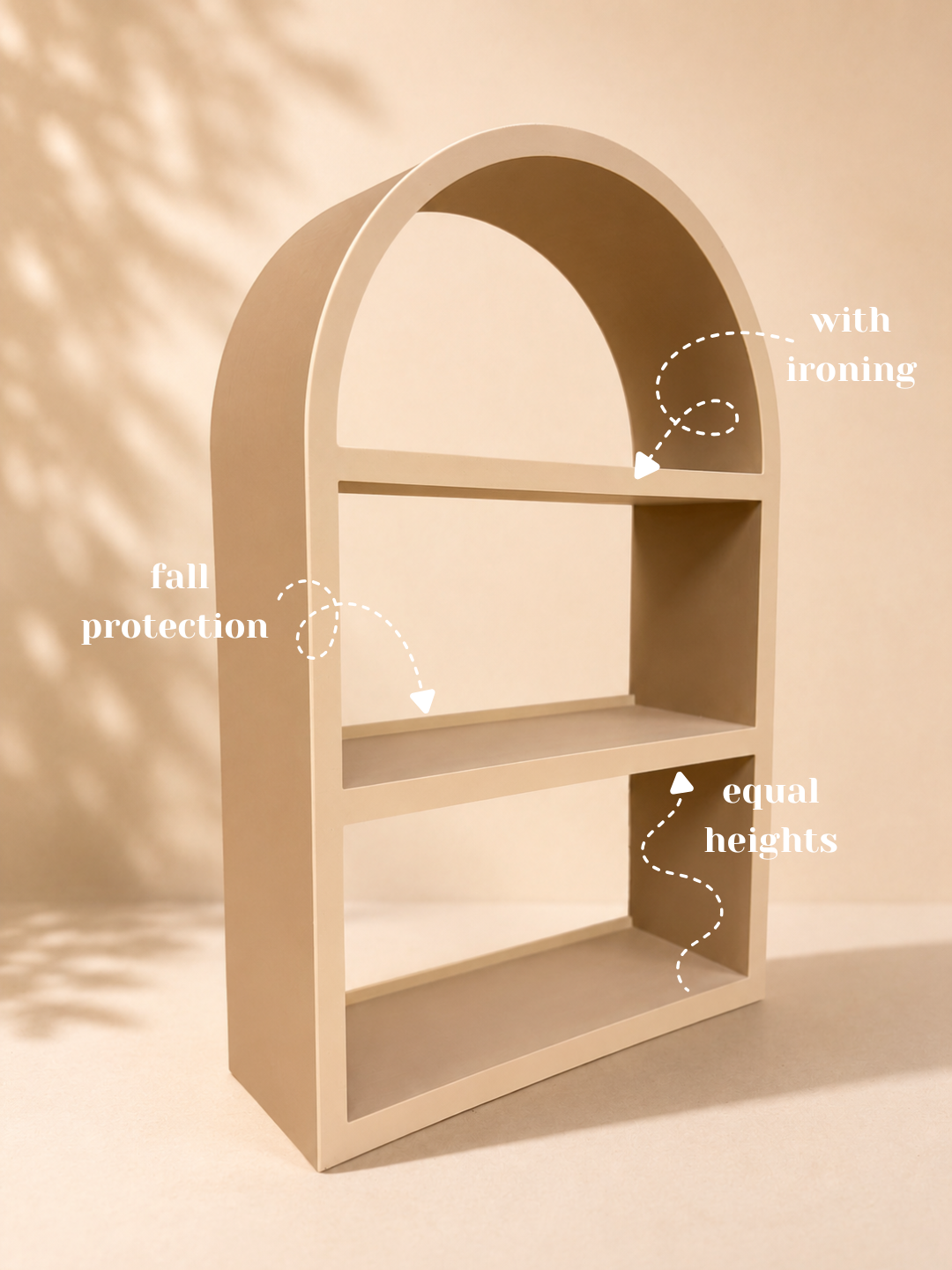 Arched 3-tier display shelf with feature callouts showing ironing finish, fall protection edges, and equal shelf heights
