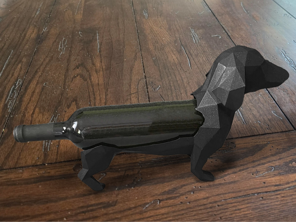 Dachshund wine bottle holder side view showing low-poly geometric detail