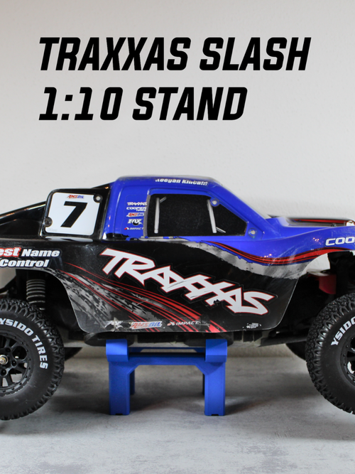 Blue 3D printed 1:10 scale RC car display stand, top-down view showing curved saddle rails