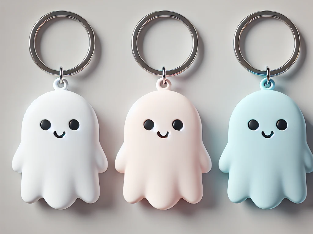 Three cute ghost keychains in white, blush pink, and baby blue with silver key rings