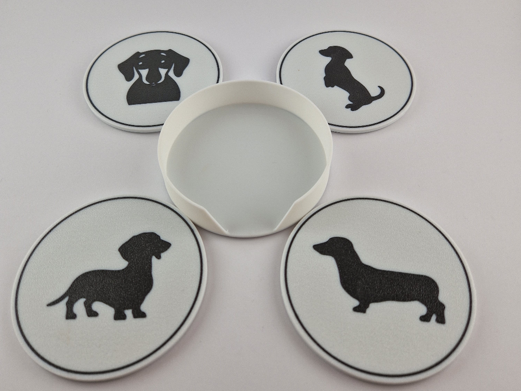 Dachshund coaster set of 4 spread out with holder showing all poses