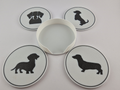 Dachshund coaster set of 4 spread out with holder showing all poses